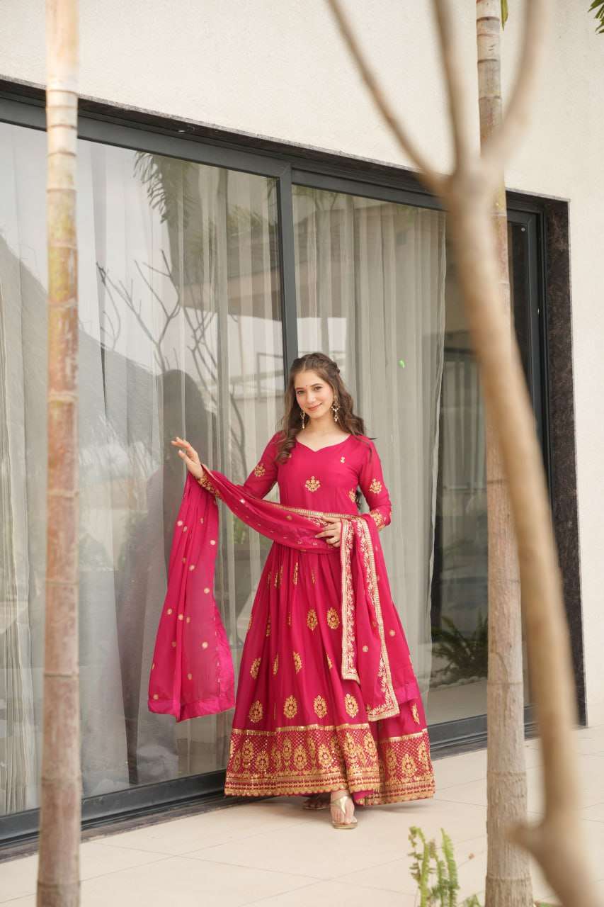 Womenโs Ethnic Anarkali Style Floor-Length Gown in Magenta with Golden Zari Embroidery โ Festive & Wedding Wear - Image 10