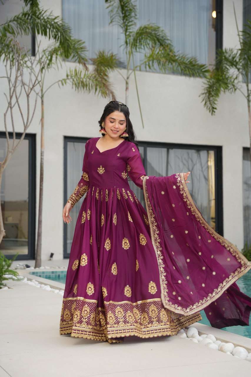 Womenโs Ethnic Anarkali Style Floor-Length Gown in Magenta with Golden Zari Embroidery โ Festive & Wedding Wear - Image 6