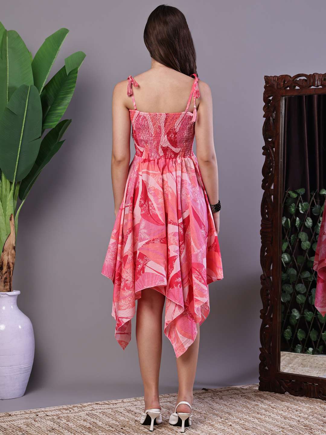 Women's Pink Printed Cotton Handkerchief Hem Midi Dress Midi Dresses - Image 2