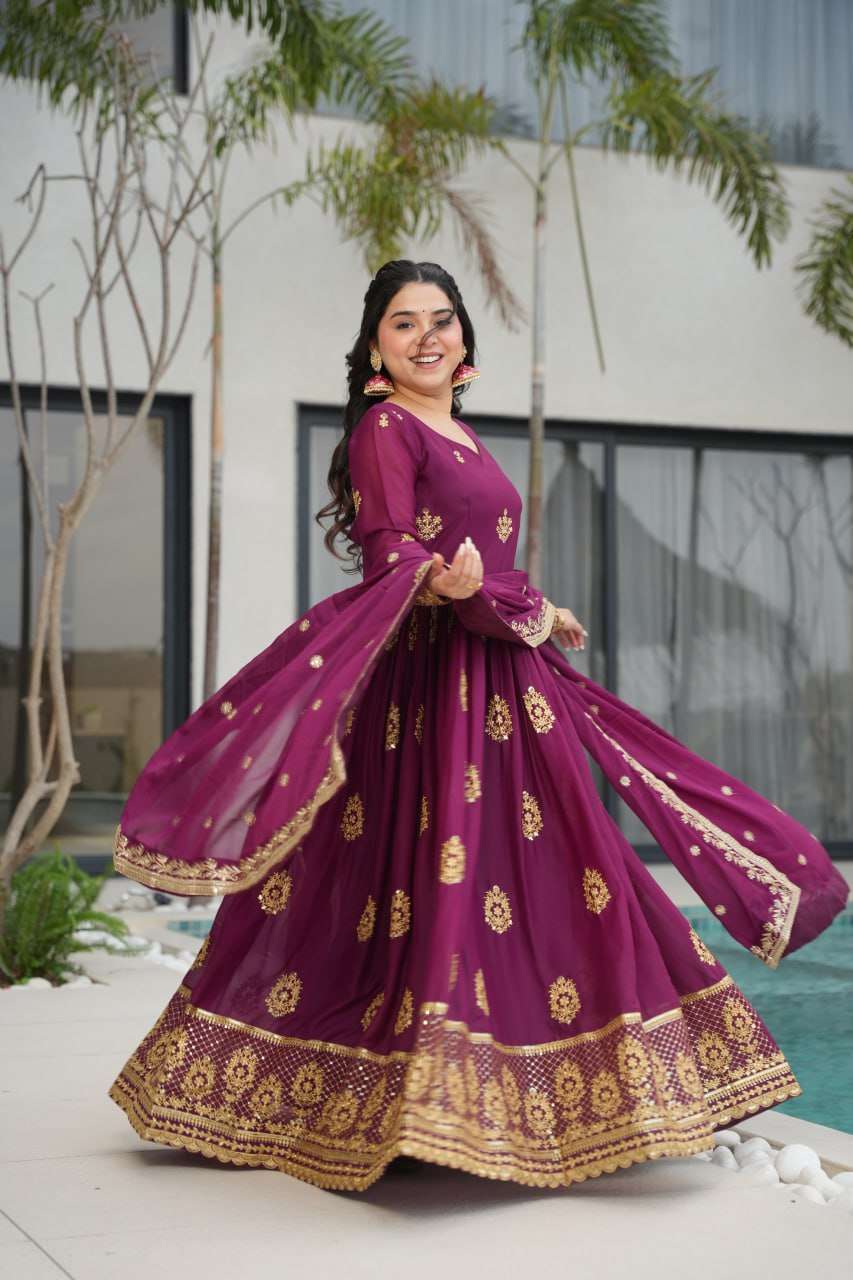 Womenโs Ethnic Anarkali Style Floor-Length Gown in Magenta with Golden Zari Embroidery โ Festive & Wedding Wear - Image 3